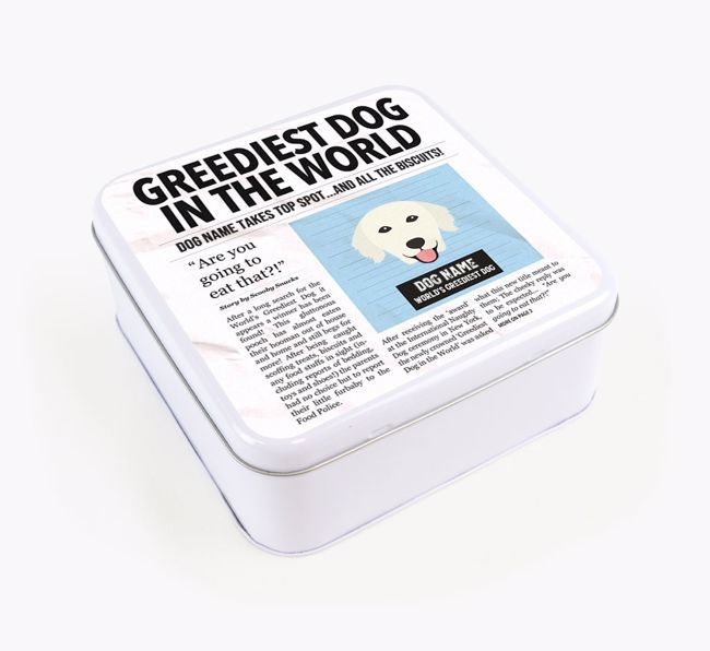 Personalised 'Greediest Dog' Newspaper Print Square Tin for your {breedFullName}
